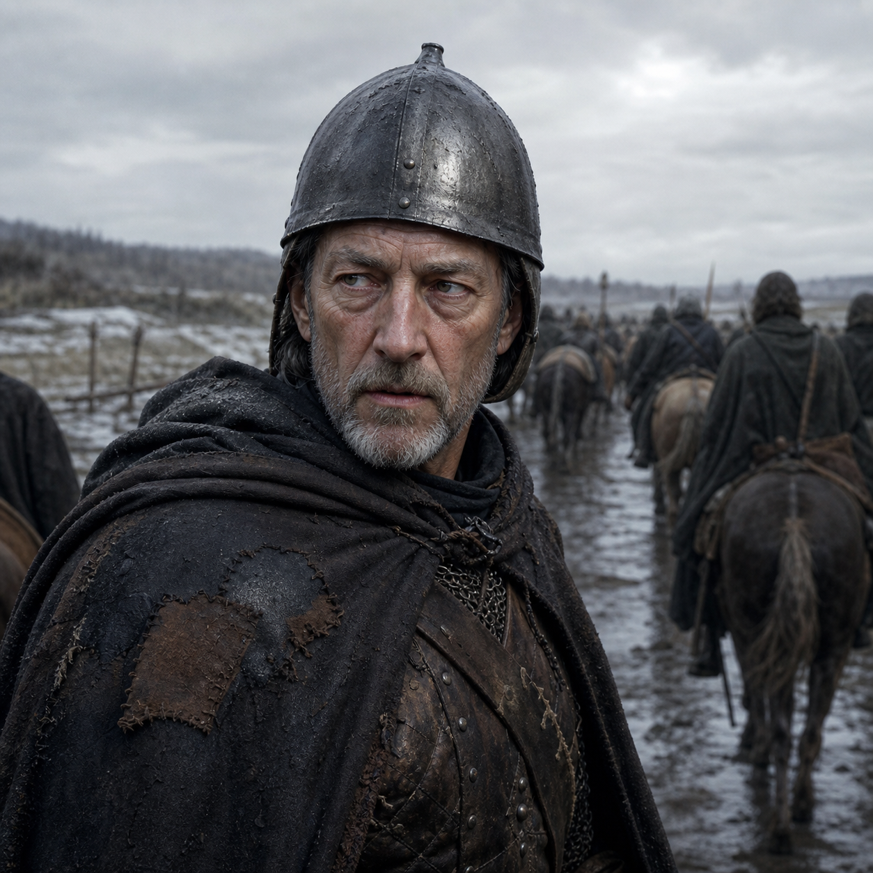 Portrait of Maron Locke, an older northern rear-guard soldier in an acorn-shaped helm and patched cloak.