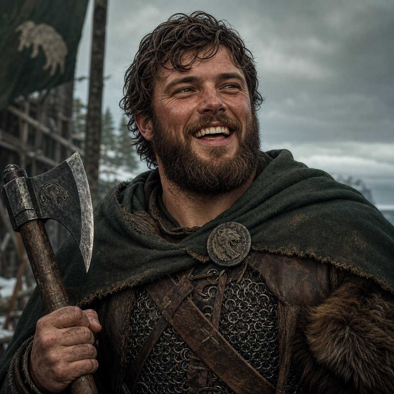 Portrait of Tor as a laughing younger Bear Island brother with a hand axe, green cloak, and reckless loyal energy.