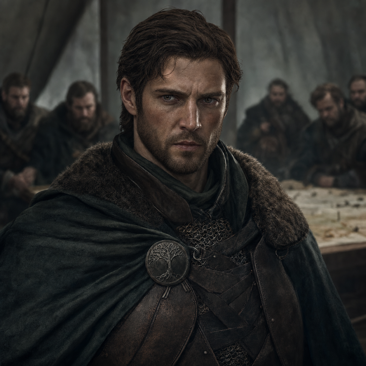 Portrait of Rodrik Forrester as a hardened northern lord in Robb Stark's council, wearing dark armor and a short beard.