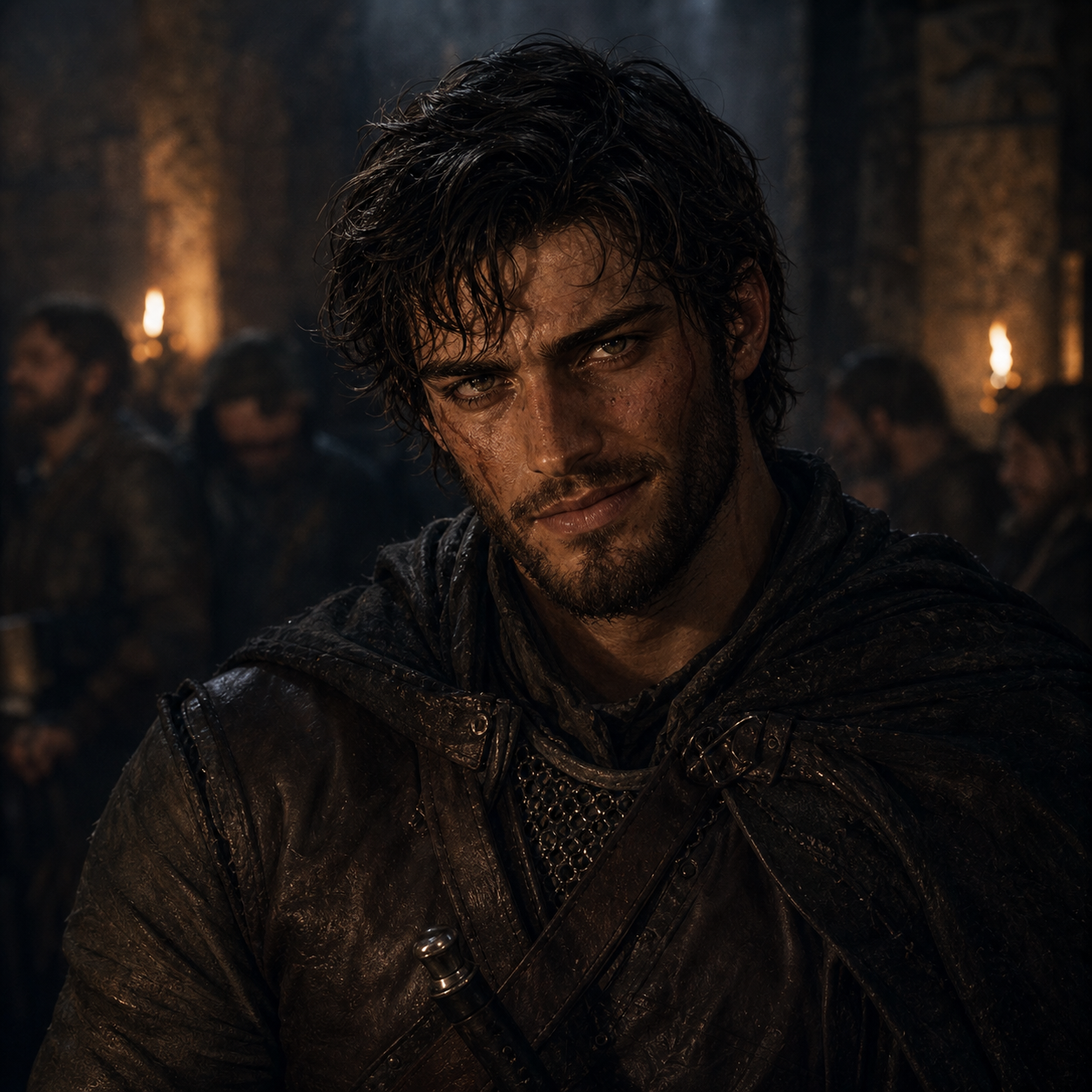 Portrait of Asher Forrester as a rugged, dark-haired northern troublemaker with a dangerous half-smile.