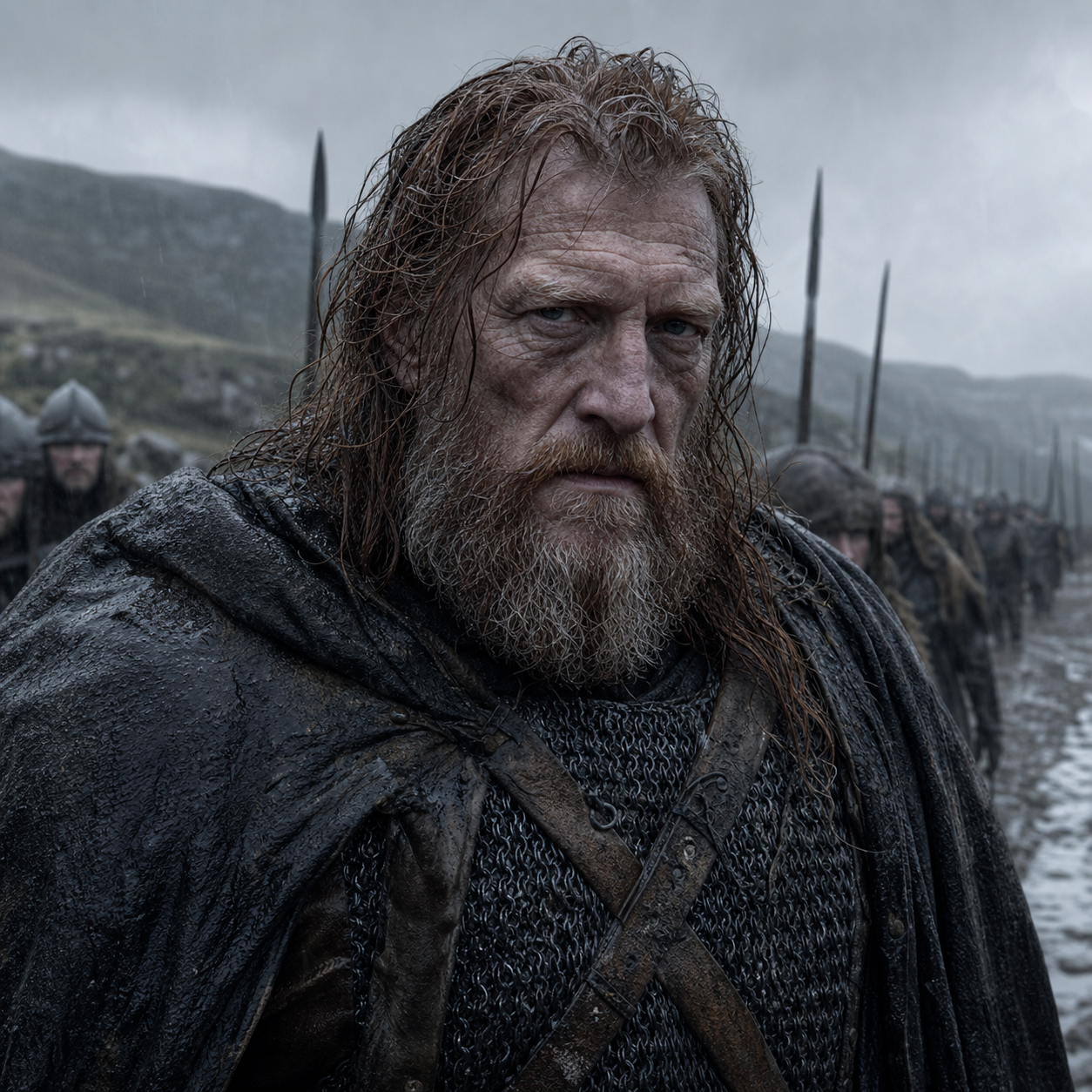 Portrait of Hother Umber, an older broad-framed northern warrior with gaunt features and grey-streaked red-brown hair.