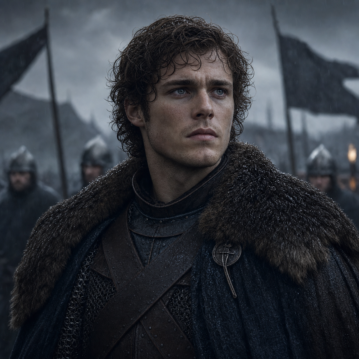 Portrait of Robb Stark as a rain-soaked young northern commander with auburn-brown hair and a burdened expression.