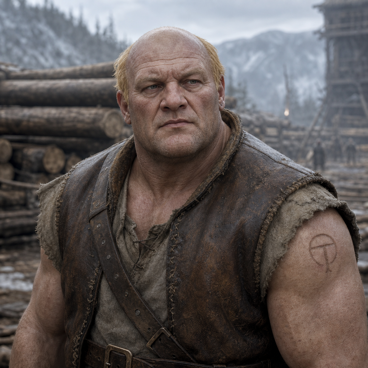 Portrait of Donnel Hill as a thick-necked timber hauler with a yellow hair fringe and an old punishment brand.