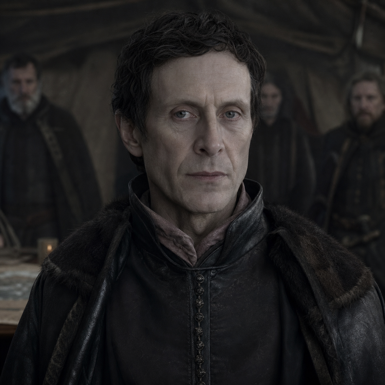 Portrait of Lord Bolton as a pale, watchful northern lord in Robb Stark's council tent.