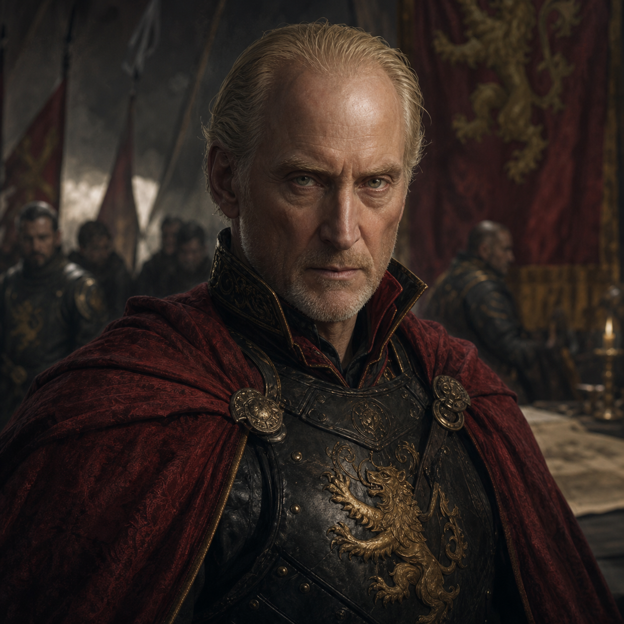 Portrait of Tywin Lannister as a severe Lannister commander in dark armor and crimson cloak.