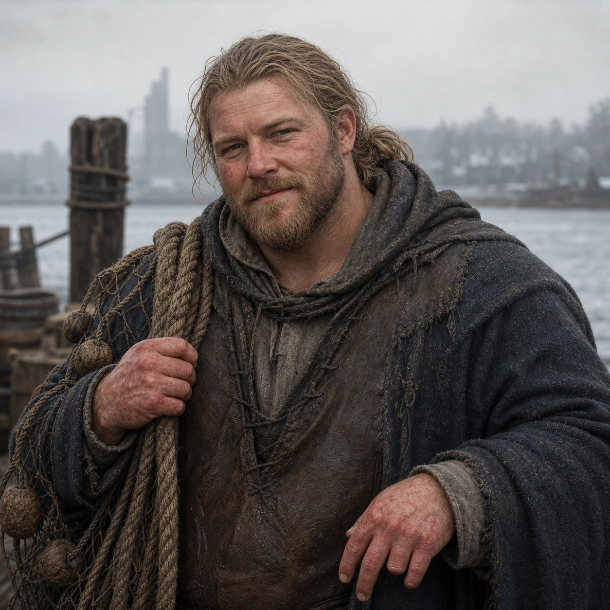 Portrait of Pate Locke as a broad White Harbor ferry worker with sandy hair, rope-burned hands, and a healed missing-fingers injury.