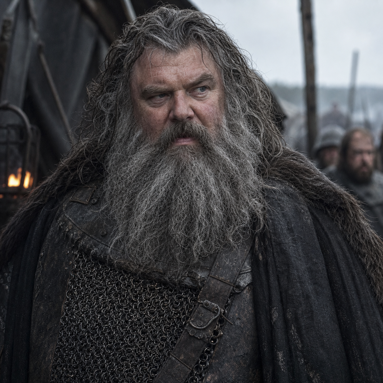 Portrait of Greatjon Umber, a massive northern lord with a wild grey-streaked beard and commanding war-camp presence.