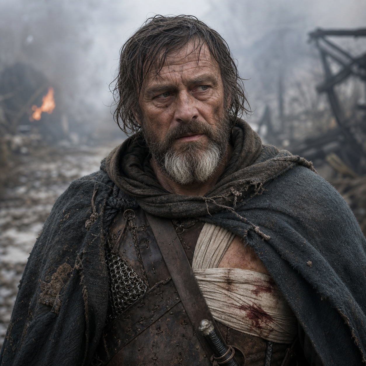 Portrait of Hullen as an older wounded northman with a white-chinned beard and bandaged spear wound.