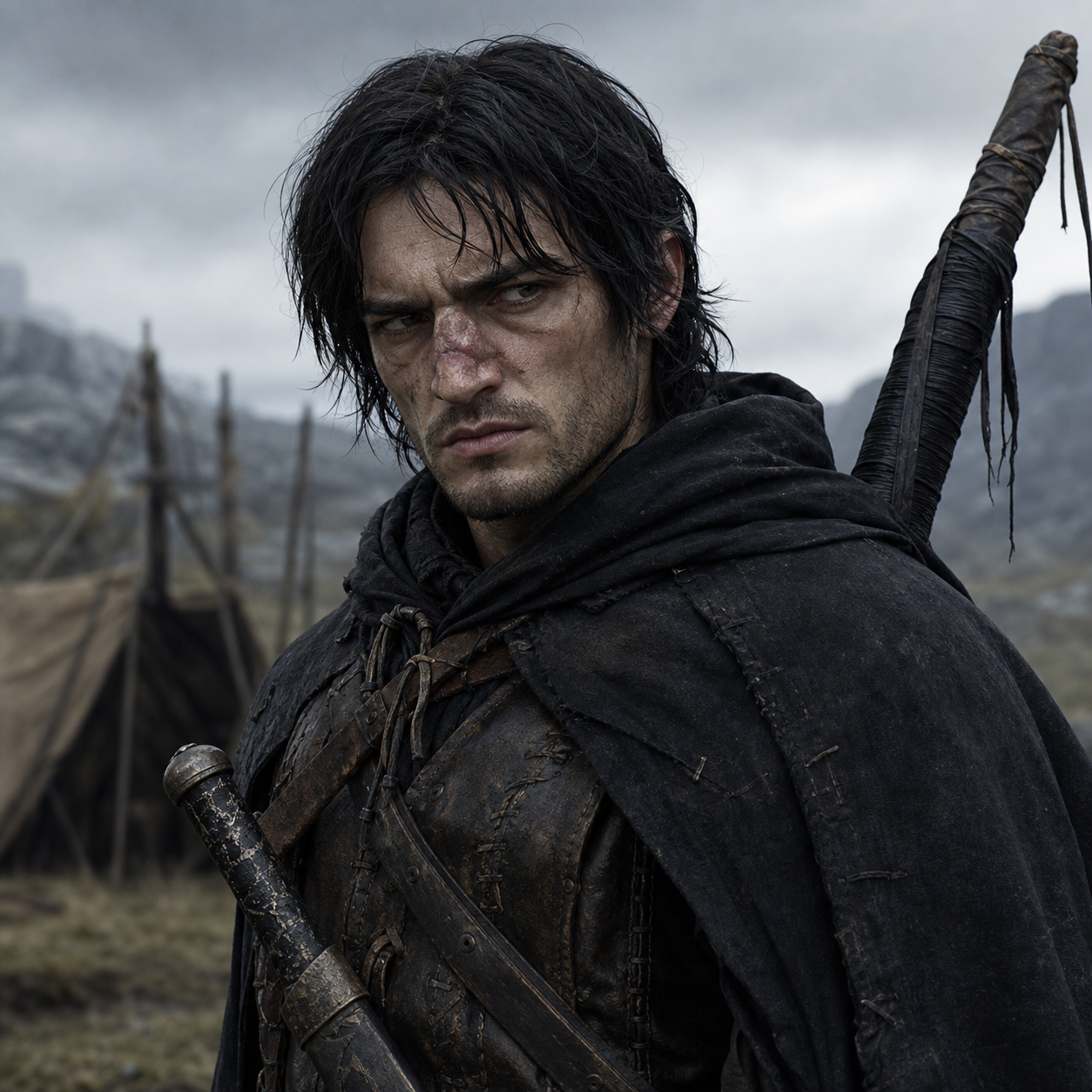 Portrait of Osric Snow as a lean, sour-faced bastard from the Rills with a badly broken nose and wrapped hunting bow.