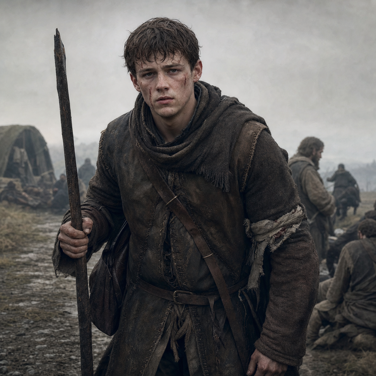 Portrait of Willam as a wounded young northman survivor after the Green Fork, leaning on a rough staff.