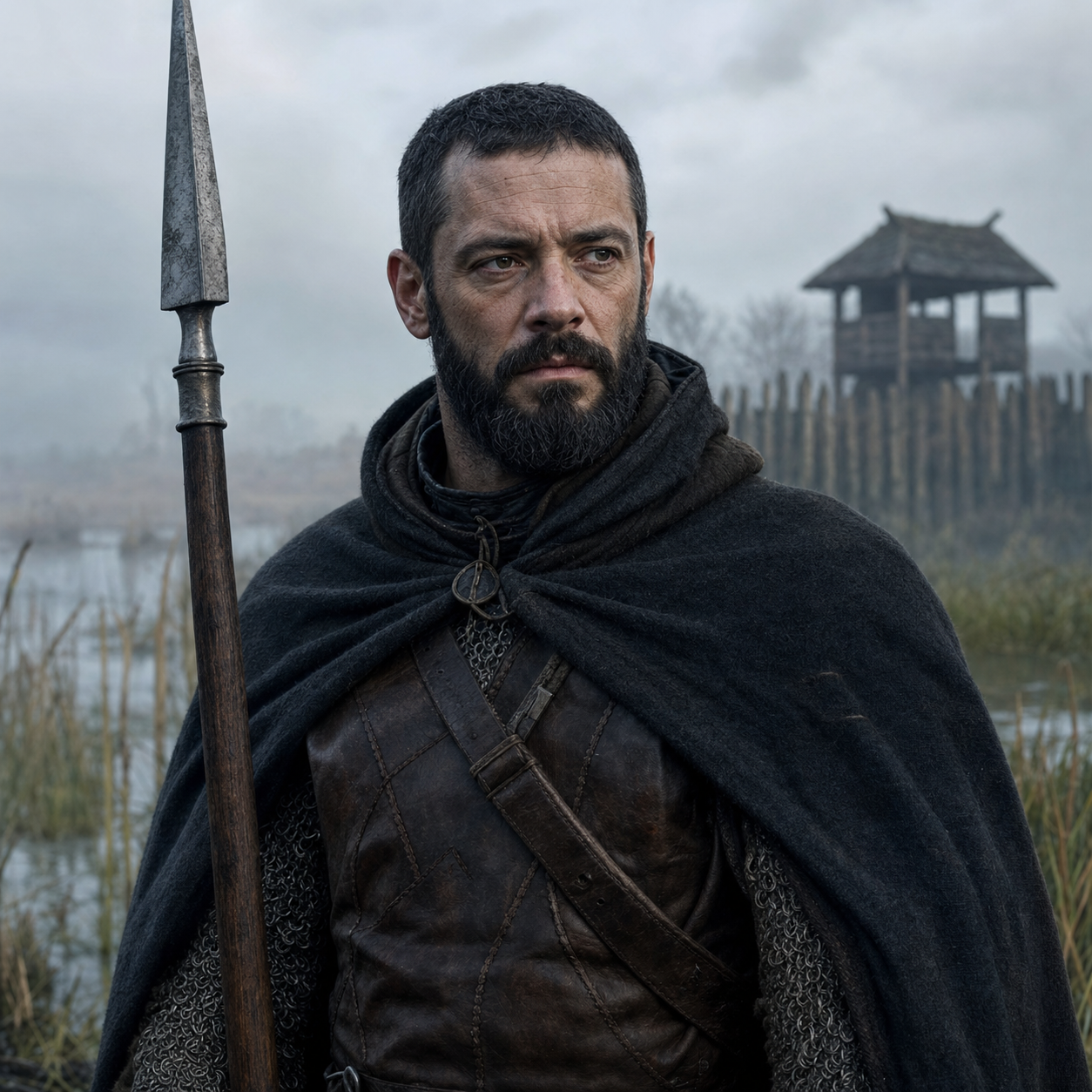 Portrait of Eddyn Marsh as a watchful northern spear guard with a close-cut black beard.