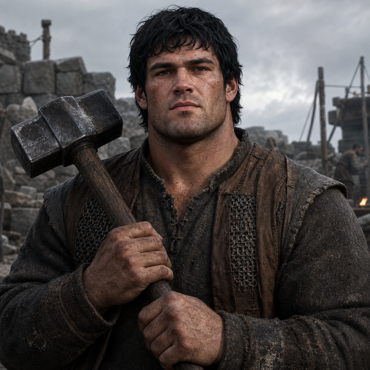 Portrait of Mikken Slate as a broad northern stonemason's son carrying a heavy maul.
