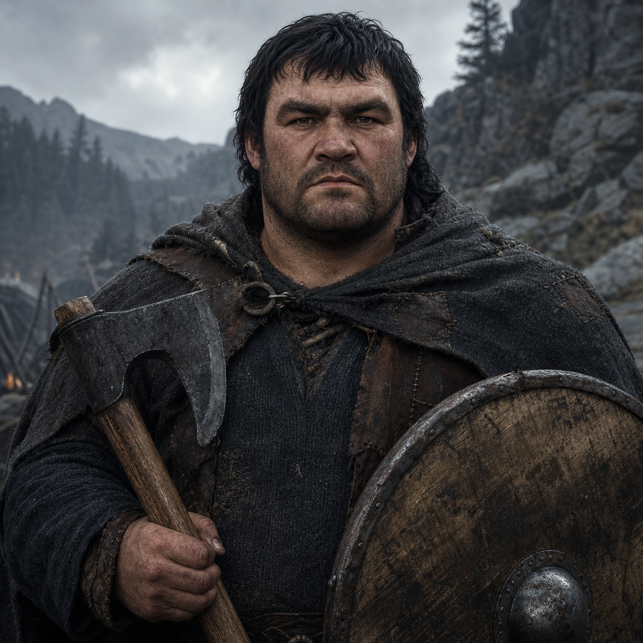 Portrait of Ronnel of Flint's Finger as a compact, heavy-browed mountain clansman with a battered round shield and wood axe.
