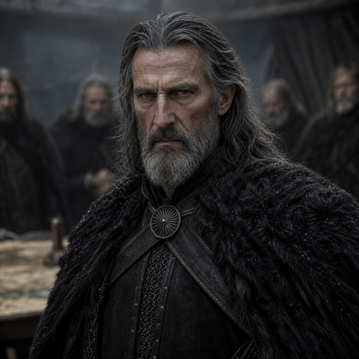 Portrait of Lord Karstark as a gaunt, grey northern lord in Robb Stark's council.