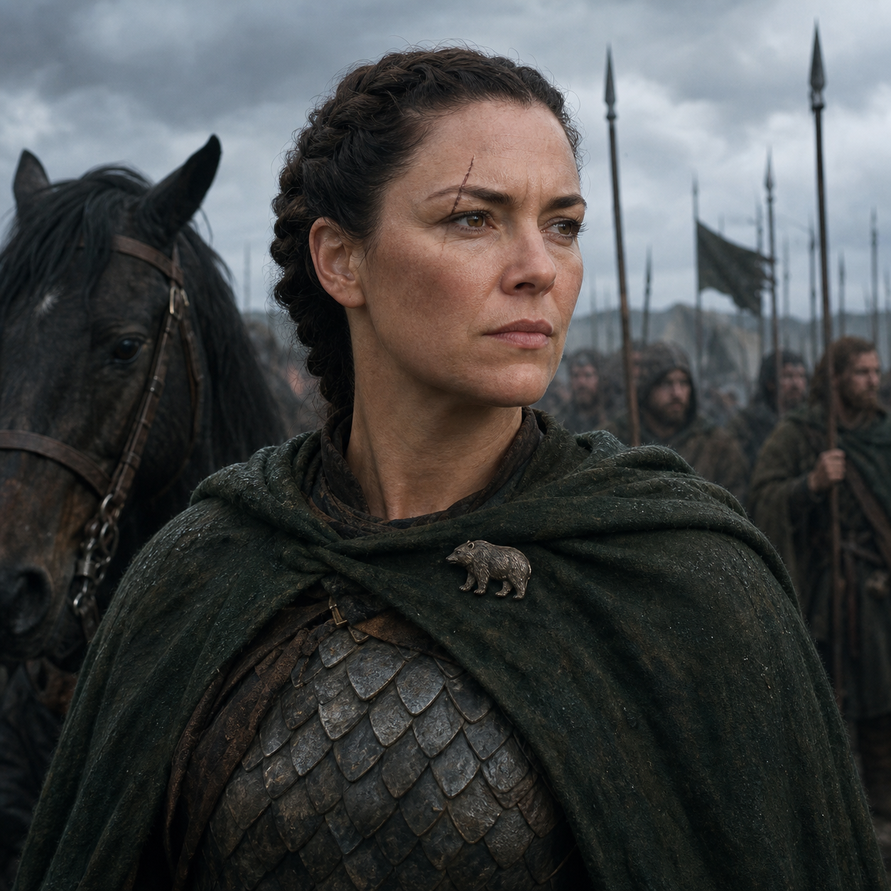 Portrait of Dacey Mormont in a scale shirt and dark green cloak pinned with a bear.