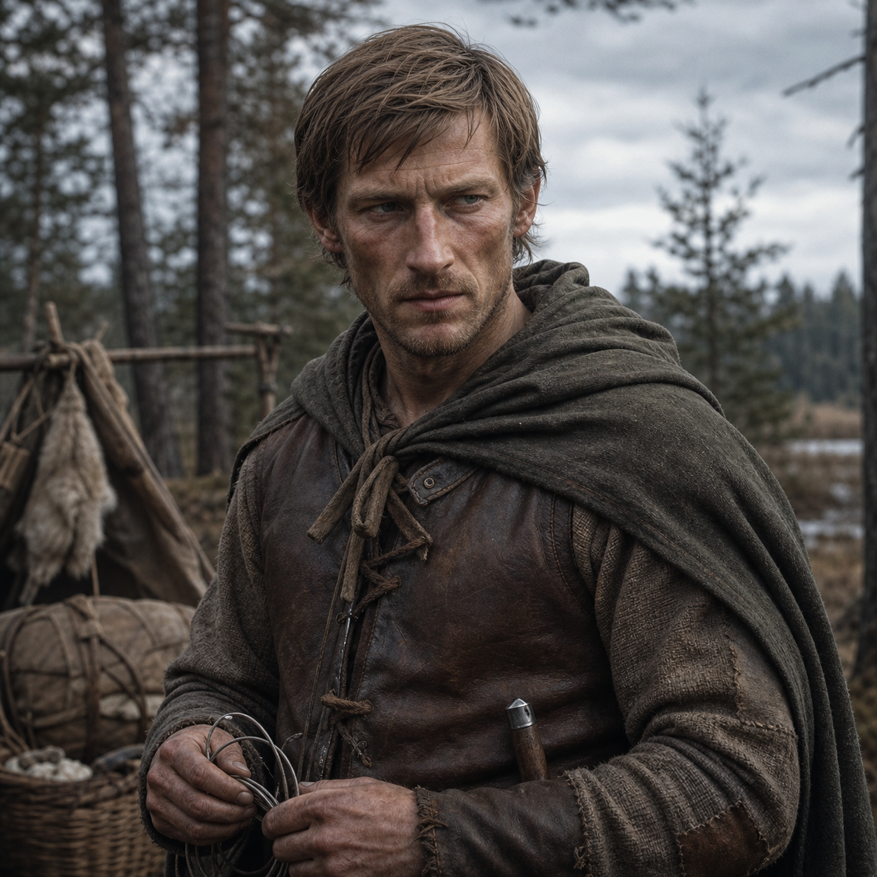 Portrait of Cley Cerwyn as a sharp-faced northern trapper with pale brown hair and a wary squint.