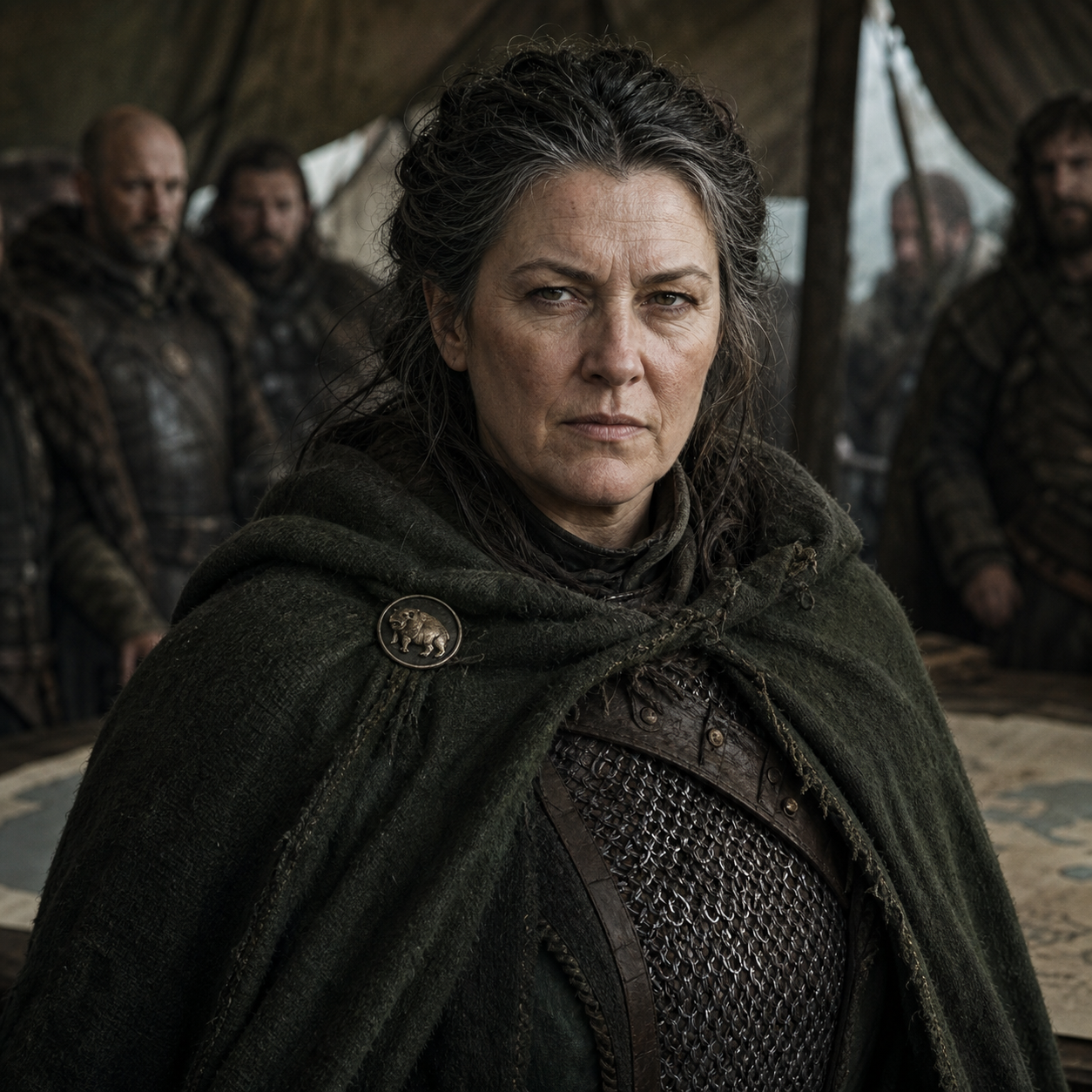 Portrait of Maege Mormont as a stern Bear Island leader in mail and a rough cloak.