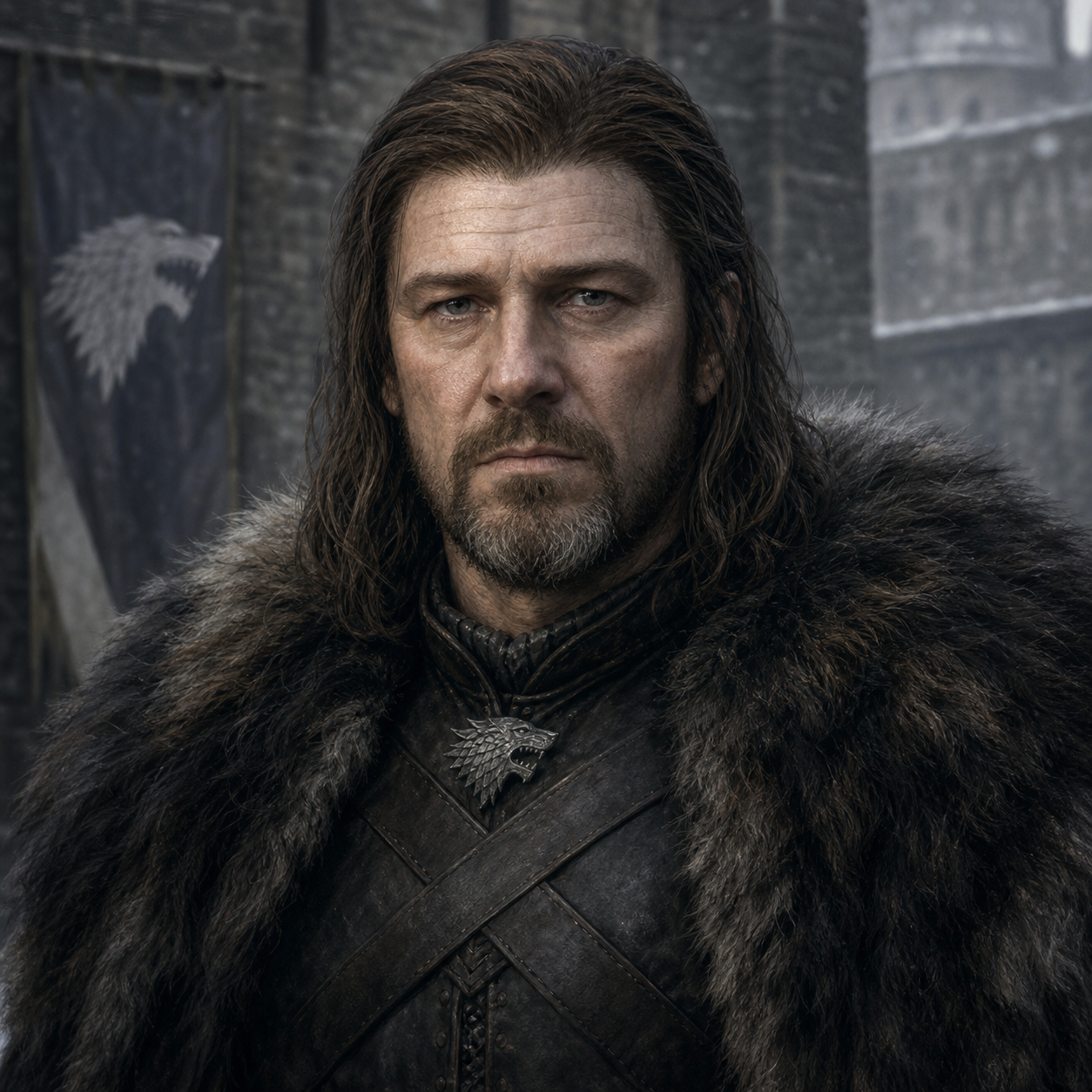 Portrait of Lord Eddard Stark as a solemn, duty-worn northern lord at Winterfell.