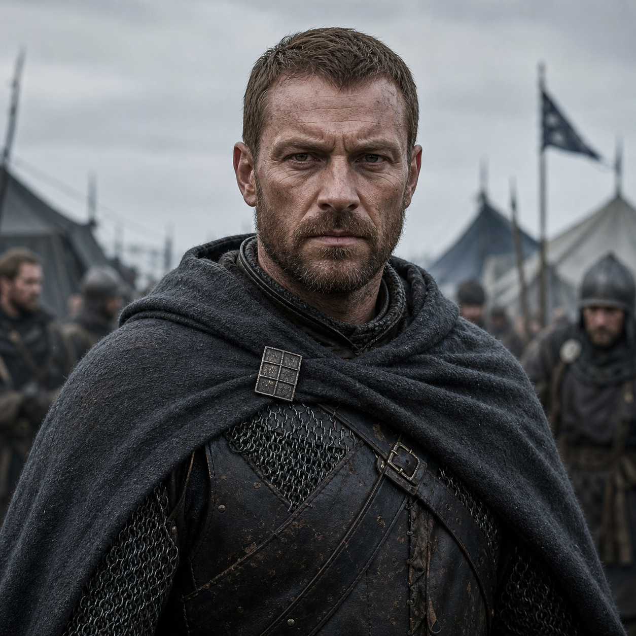 Portrait of Harwyn Tallhart as a hard-faced northern captain in Stark camp.