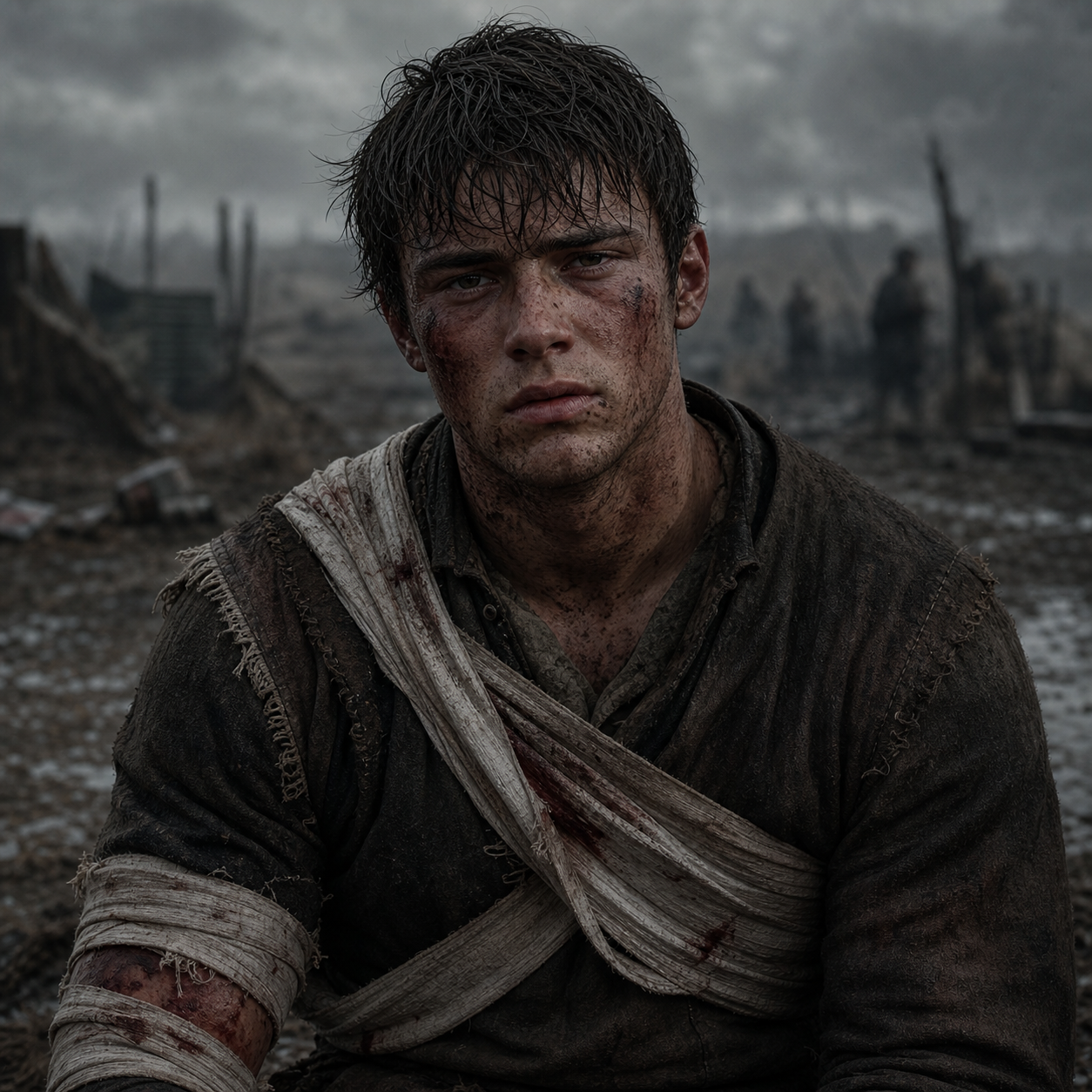 Portrait of Tom after the Green Fork, wounded and mud-streaked.