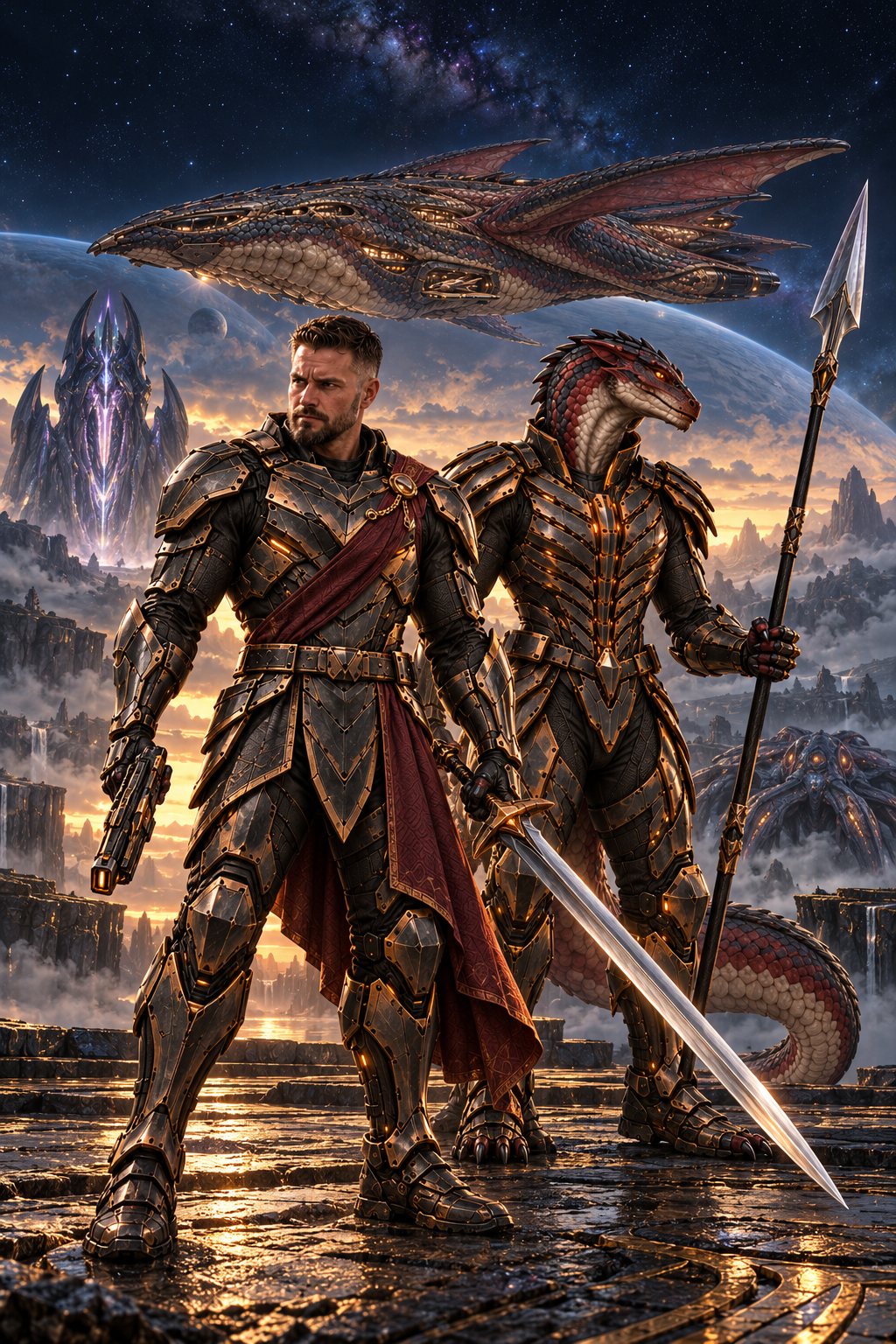 Caleb and an armored dragon warrior stand beneath a dragon-shaped command ship on an alien world.